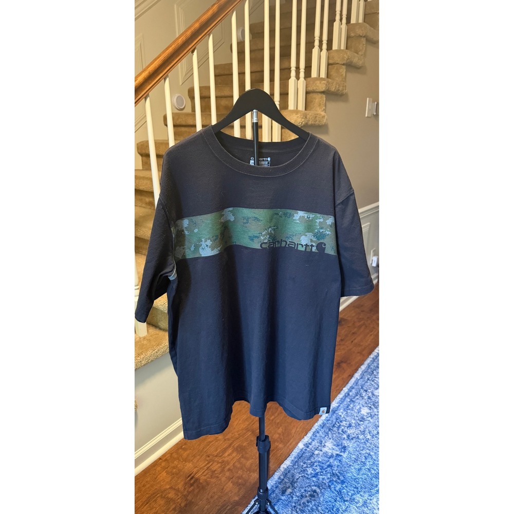 Carhartt Mens 2XL Relaxed Fit T-Shirt Black Camo Chest Stripe Graphic Tee